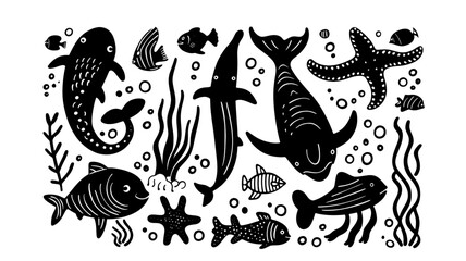 Underwater animals vintage linocut doodle icon set, black vector logo fish whale  algae dolphin separated on transparent background