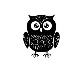 Owl vintage doodle linocut, black vector logo on transparent background