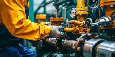 Mechanic in yellow jacket adjusting gas industry valve
