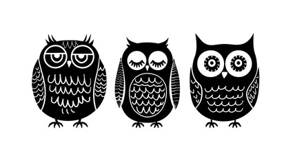 Owl vintage doodle linocut set, separated black vector logo on transparent background