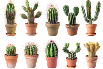 Fototapeta premium Collection of colorful cacti Arranged in groups of clay pots. Isolated on a white background