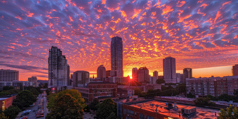 Vibrant sunset sky over Atlanta cityscape with dramatic clouds
