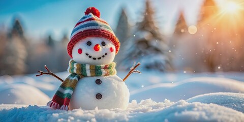 Winter adventure with a happy snowman building in the snow , snowman, winter, adventure, holiday, fun, cold, frosty