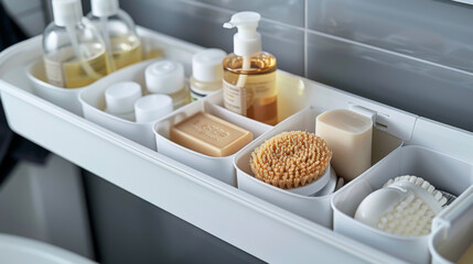 Neatly organized bathroom shelf containing various toiletries and hygiene products, displaying cleanliness and order.