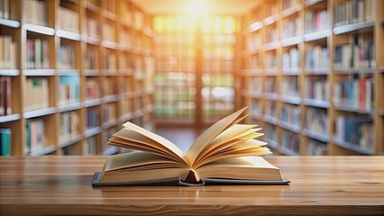 Open book on a wooden table with blurred library background , education, reading, knowledge, study, literature, research