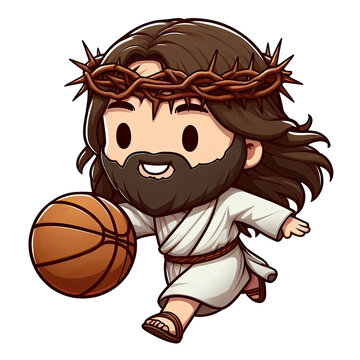 Happy Jesus dribbling a basketball 