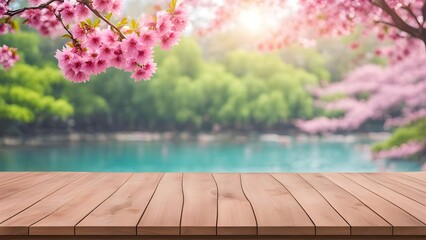 Wooden table top with blur background of Pink Cherry blossom flowers. Generative AI