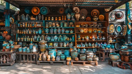 Handcrafted pottery at a market stall