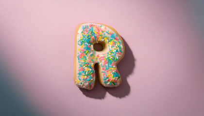 Frosted sprinkled donut in the shape of the letter R