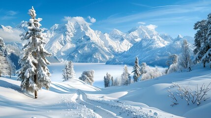 Obraz premium Winter wonderland in the mountains, snowy peaks, tranquil setting, winter
