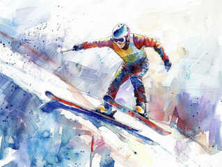 Naklejka premium Abstract Watercolor Snowboarder on Colorful Slope