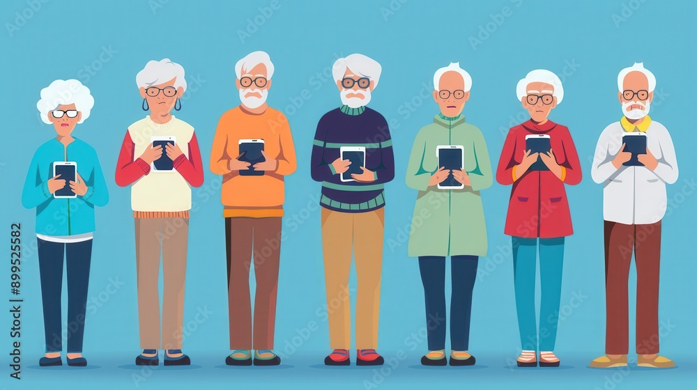 Poster a group of elderly people stands together, each using a device, representing their active engagement