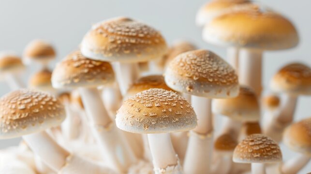 Close-up of vibrant golden teacher mushrooms with white stems and spotted caps, known for psychedelic properties