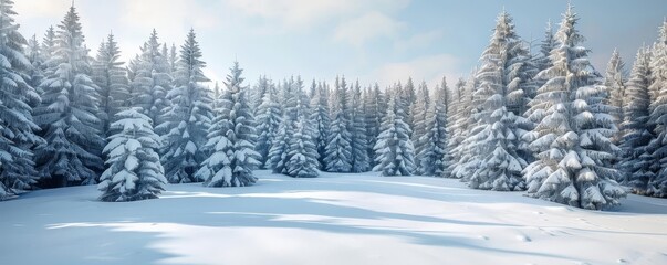 Obraz premium Snow-covered trees in a dense forest, winter woodland, enchanting natural beauty