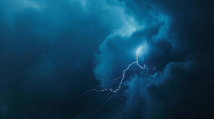 An awe-inspiring view of lightning striking a night sky, surrounded by dense, dark storm clouds creating a dynamic and powerful natural spectacle.