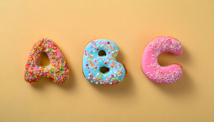 Frosted sprinkled donuts forming the letters ABC. Plain pastel background.