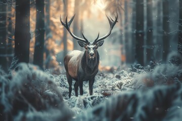 stag standing in snowy forest