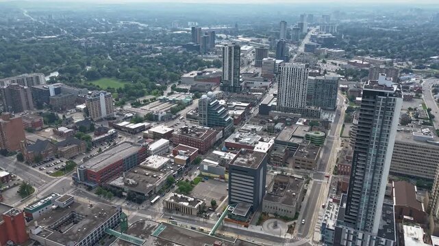 Aerial time-lapse footage of the traffic in the downtown of Kitchener city on a sunny day, Canada
