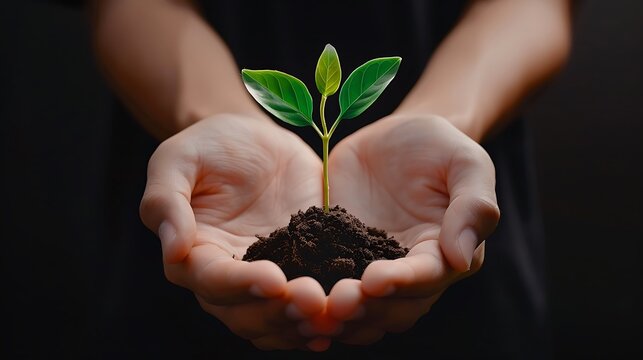International Ozone Layer Protection Day oil painting style, close-up of a plant growing in hands, taken with Panasonic lens, more clarity with clear light and sharp focus, high detailed