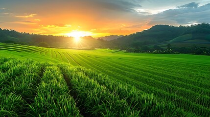 Obraz premium Golden Sunrise Over Lush Green Rice Fields