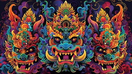 Naklejka premium Colorful Ornate Asian Dragon Mask Art