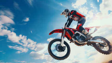 A motocross rider soars through the air against a backdrop of a vivid, blue sky with white clouds, showcasing an impressive stunt.