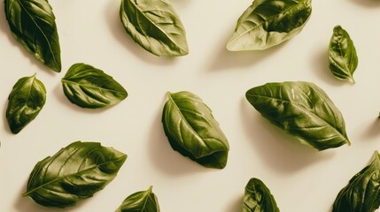 Minimal beige background with fresh green basil leaves forming a pattern, ideal for food and cooking design projects