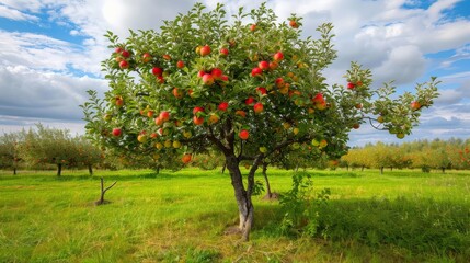 Fototapeta premium Single apple tree laden with fruit in a lush green orchard