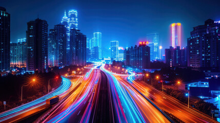 Fototapeta premium A vibrant night cityscape featuring colorful light trails from traffic, highlighting the dynamic energy and beauty of urban life.