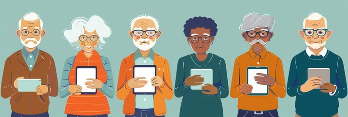 A diverse group of elderly individuals holds various tablets and devices, showcasing their engagement with modern technology in a vibrant setting. Generative AI