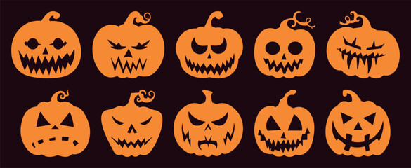 Spooky Halloween Pumpkin Vector Set. Collection of Silhouette Jack-o'-lanterns with Different Emotions. Isolated Illustrations for October Horror, Party Decor, and Thanksgiving Fun.