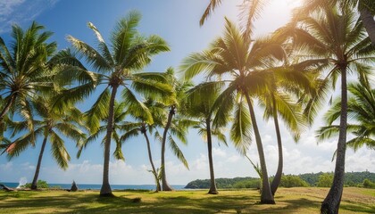 Tropical Bliss A cluster of palm trees swaying gently in a tropical breeze on a sunny day.