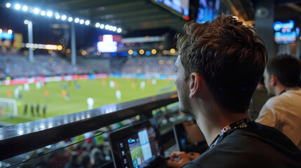 Two sports commentators observe and analyze a live soccer match from the press box, with stadium lights and crowd in background.