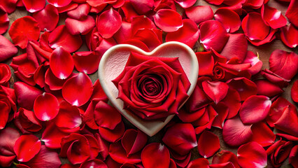 Naklejka premium Red rose heart-shaped bowl, romantic Valentine's Day image. Single red rose, soft focus, heart-shaped frame, love symbol. Vibrant red rose petals, white bowl, romantic floral photo.