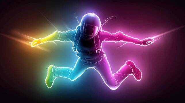 Vivid neon art captures a person floating midair, defying gravity in an indoor skydiving scene against a black backdrop.