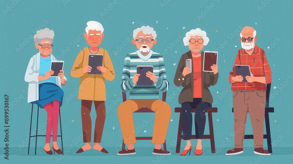 Aufkleber A group of elderly individuals is actively using various devices while seated in a lively, colorful setting. Generative AI