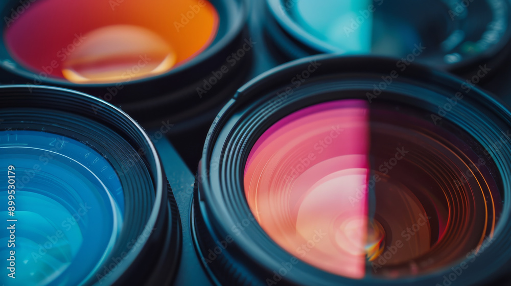 Wall mural Close-up shot of multiple camera lenses with vibrant reflections, showcasing the art of photography through different hues and perspectives.