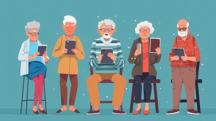 A group of elderly individuals is actively using various devices while seated in a lively, colorful setting. Generative AI