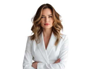 portrait of isolated businesswoman posing with crossed arms, confident professional woman in formal white suit