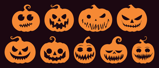 Horror Pumpkin Silhouette Collection. Vector Illustrations of Halloween Lanterns with Various Facial Expressions. Isolated on Solid Background. Perfect for Scary Party and October Events.