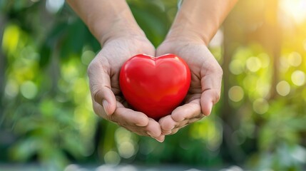Heartwarming image of hands cradling a red heart against a backdrop of lush greenery  symbolizing love, charity, and environmental care.