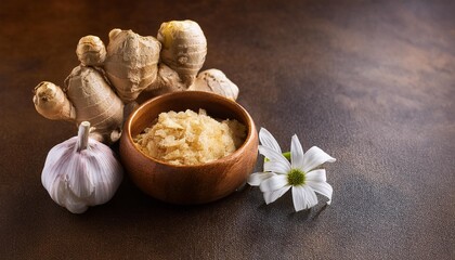 Naklejka premium a close-up shot of fresh ginger and garlic cloves arranged artistically on a brown rugged stone. ginger and garlic pest; 1-2 small white flowers, space to text on right side.