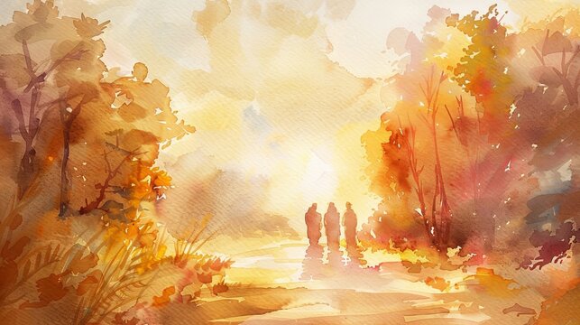 Road to Emmaus scene painted with warm, inviting watercolor tones