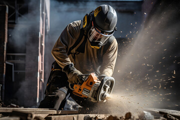 Fototapeta premium photo of construction worker cutting something with a saw at a construction site, construction