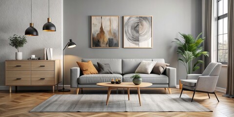 Modern Scandinavian living room interior features sleek gray sofa, designer wooden commode, black coffee table, lamp, and abstract artwork adorning the walls in a stylish setting.