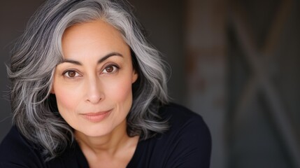 Fototapeta premium Portrait of a beautiful Asian woman with grey hair smiling in a studio setting.