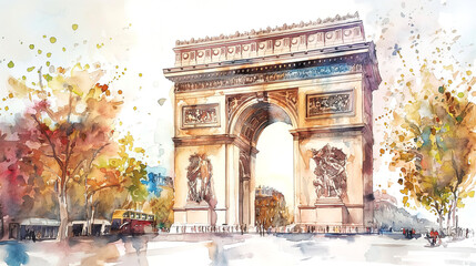 Obraz premium watercolor aquarelle illustration painting of Arc de Triomphe on white background