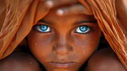 Heartbreaking image of a poor girl with beautiful blue eyes, representing poverty, misery, homelessness, and migrant struggles.