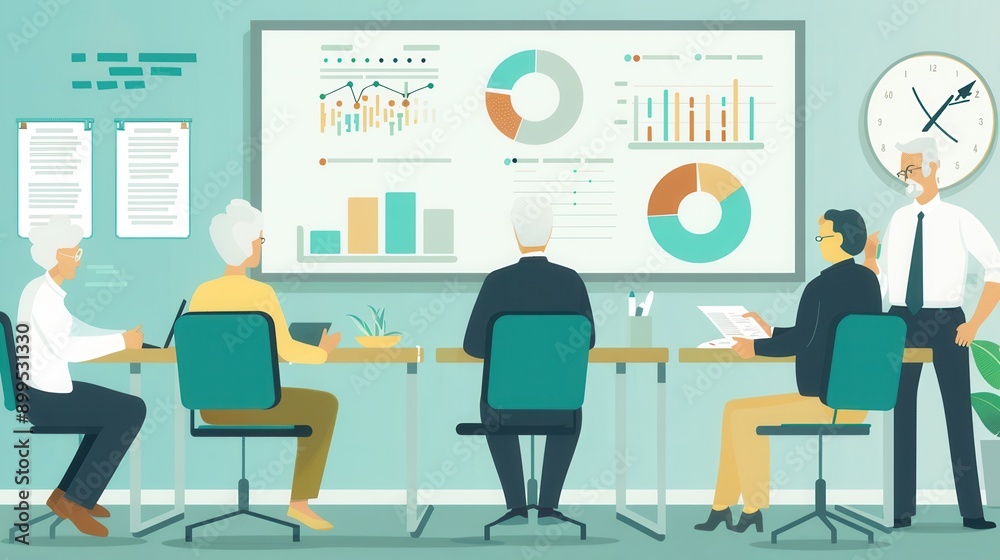 Poster a group of elderly individuals participates in a meeting, analyzing financial data displayed on a la