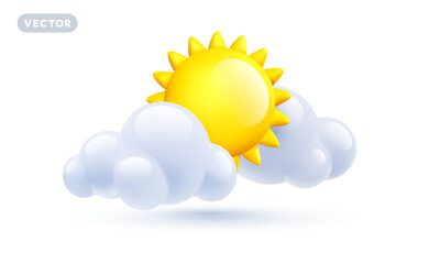 Vector weather partly cloudy day illustration of cloud with sun on white background with shadow. 3d cartoon style design of shine yellow color sun with fluffy cloud